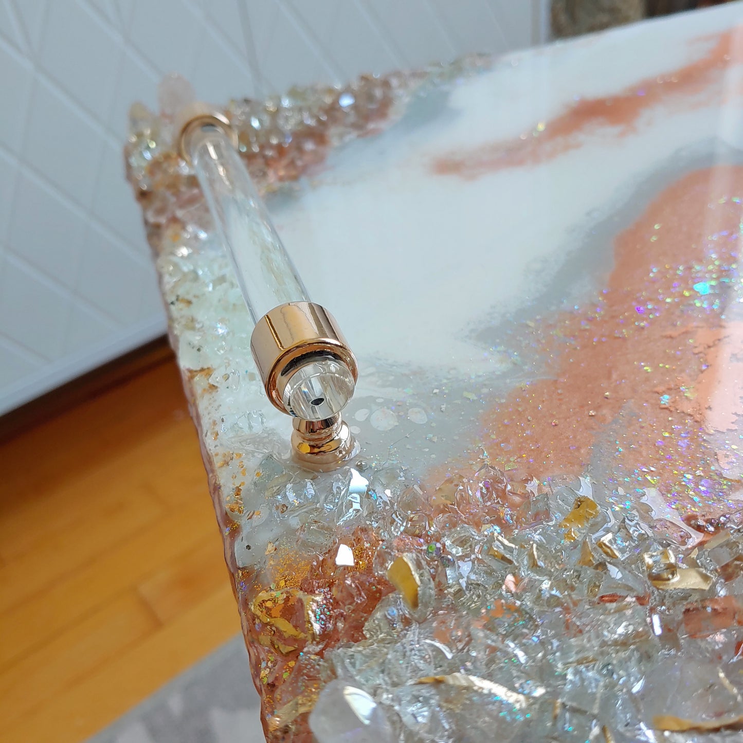 Rose Gold luxury resin tray with live edge, lucite handles & Coasters