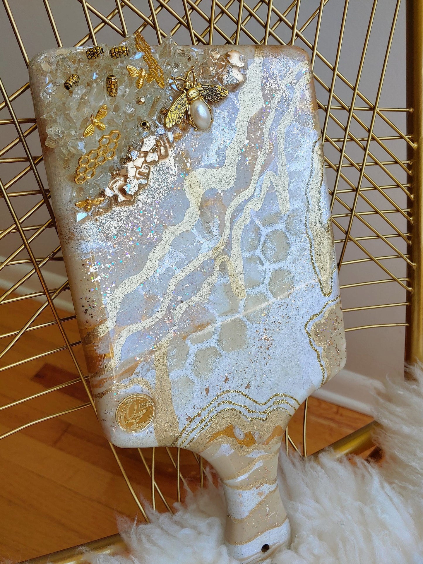Queen Bee cheeseboard with glass hive and resin by Quia Z