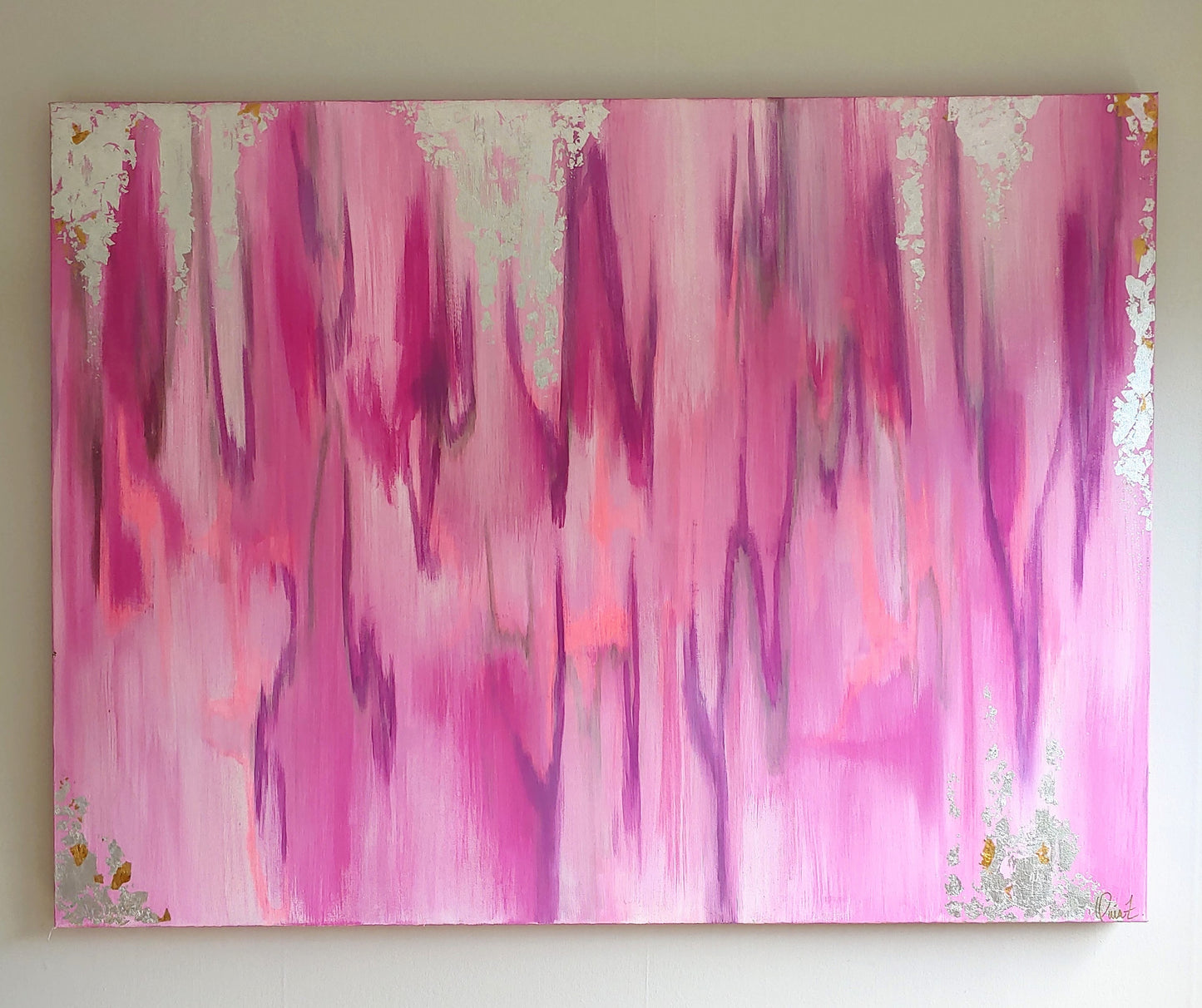 Pink Ikat artwork with silver and gold leaf