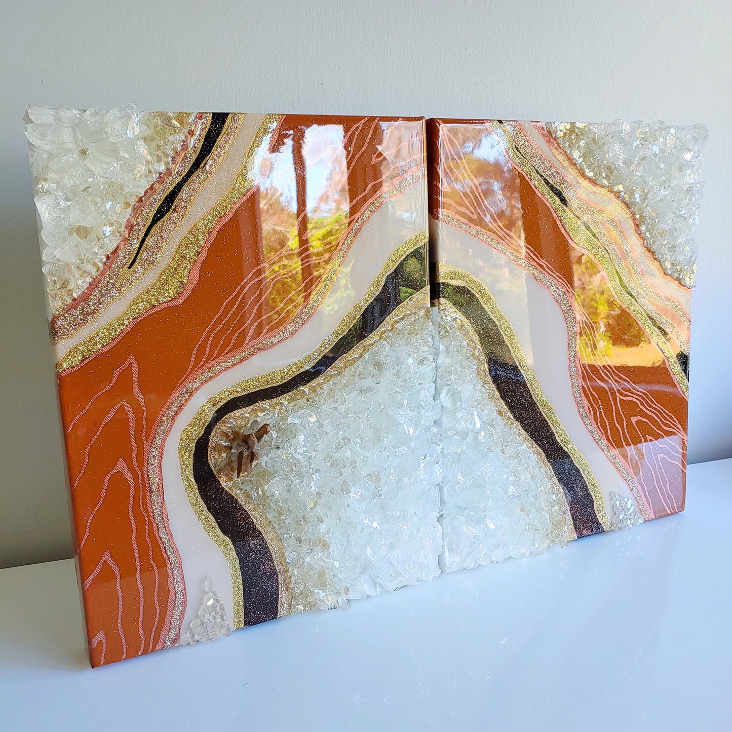 Caramel brown geode resin and glass diptych