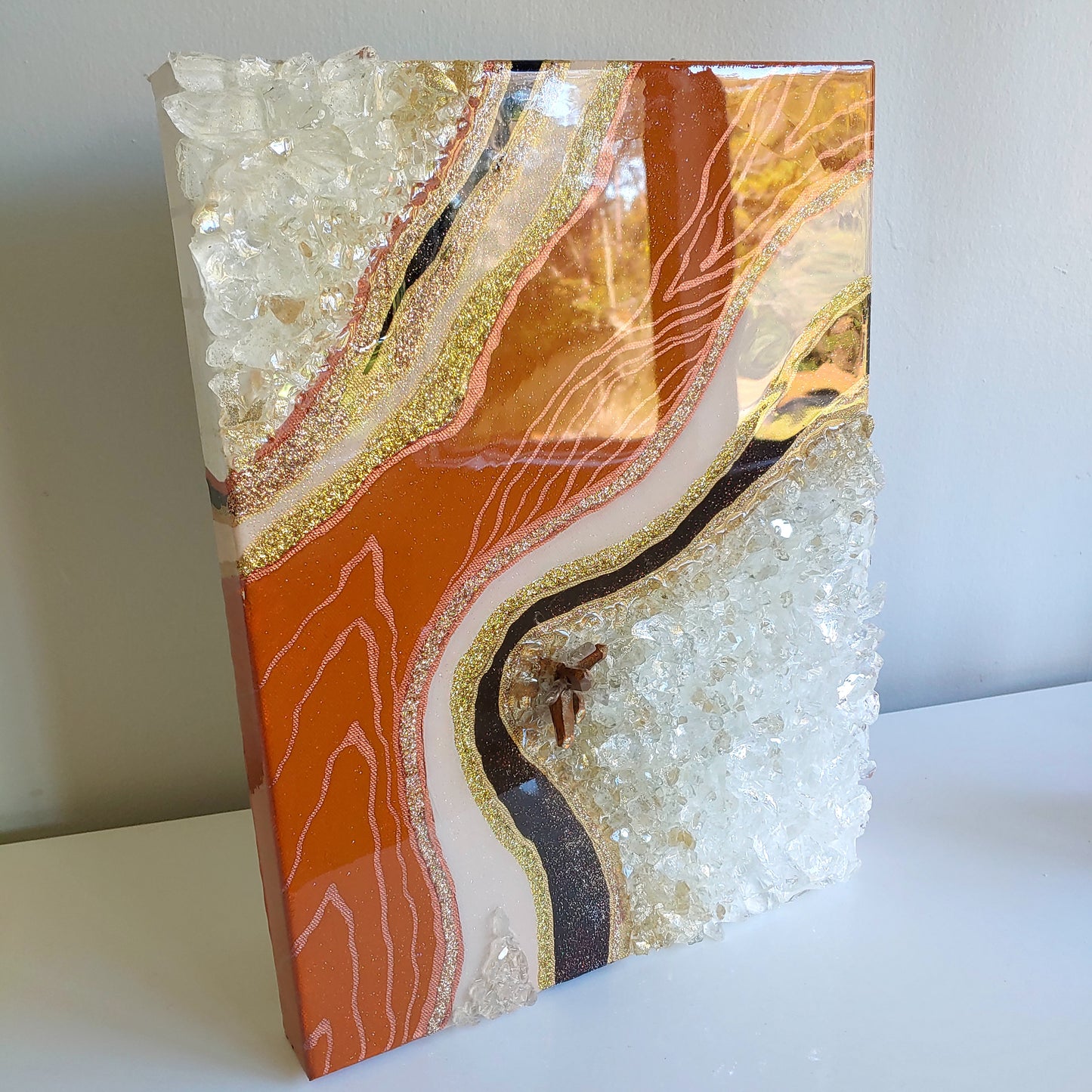 Caramel brown geode resin and glass diptych