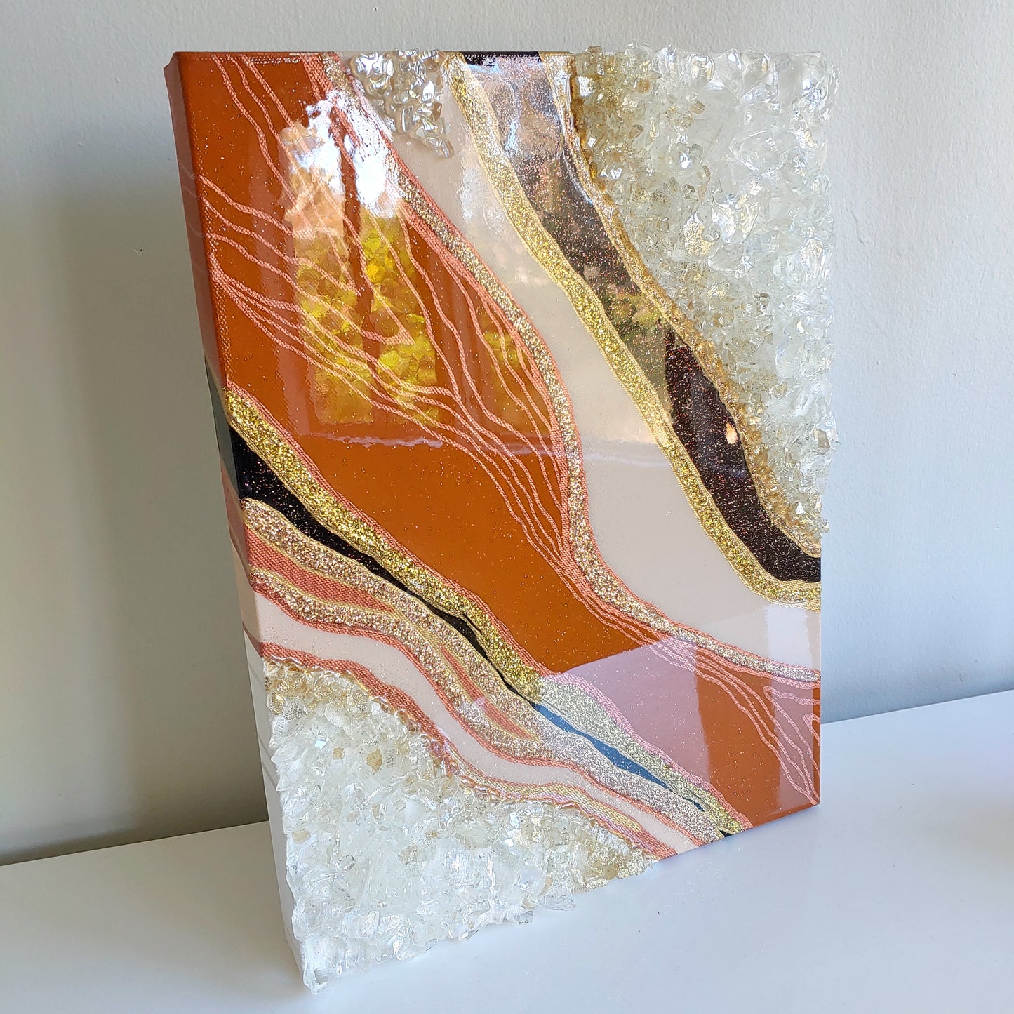 Caramel brown geode resin and glass diptych