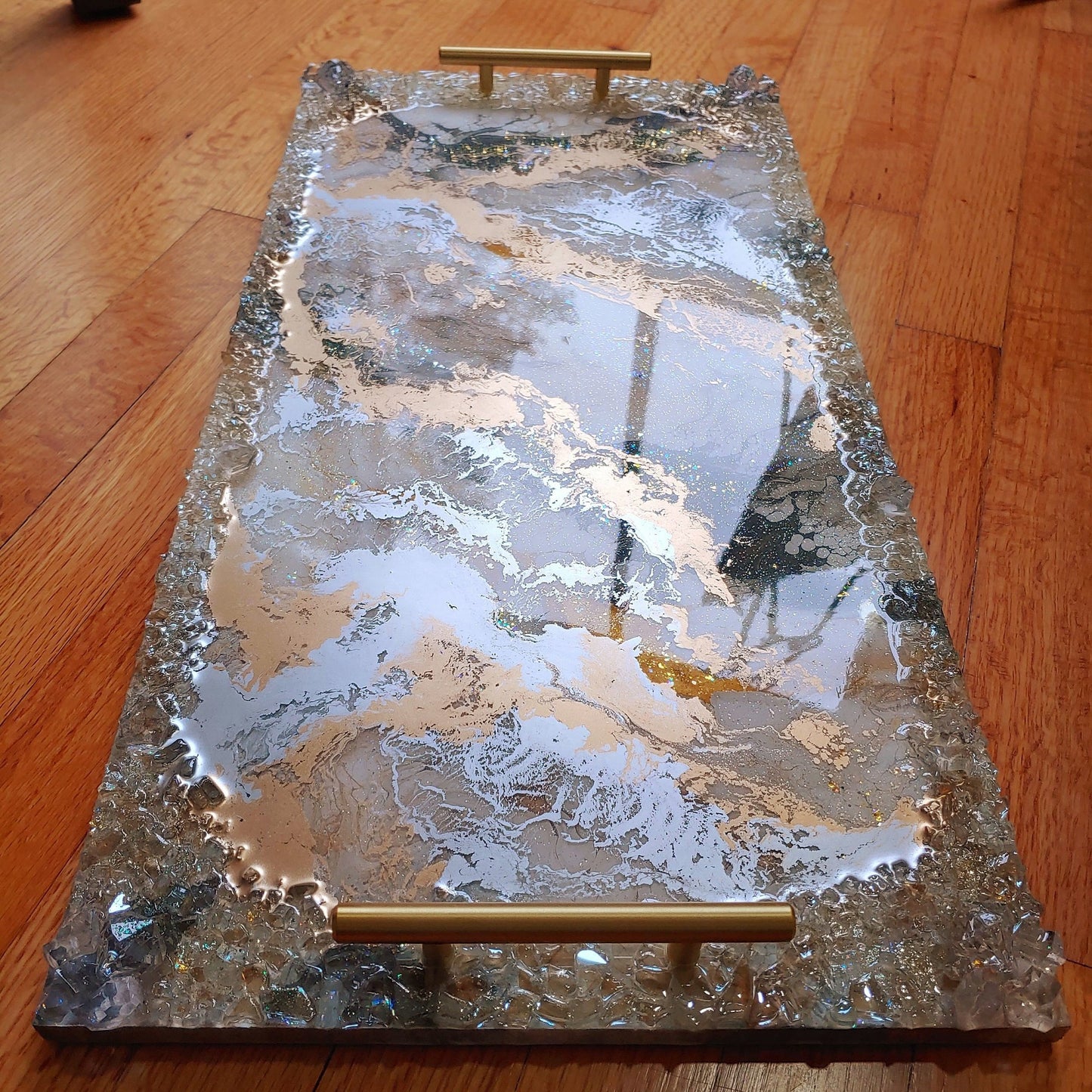 Neutral luxury resin and wood tray with cream, white & grey