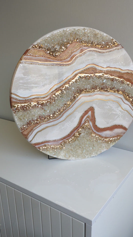 Rose Gold Geode artwork with glass on wood