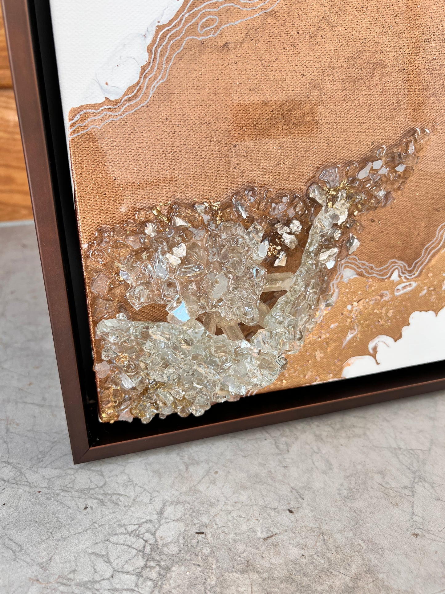 Bronze Delta Artwork with glass, crystals and floating frame