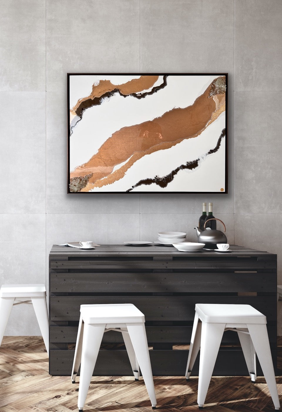 Bronze Delta Artwork with glass, crystals and floating frame