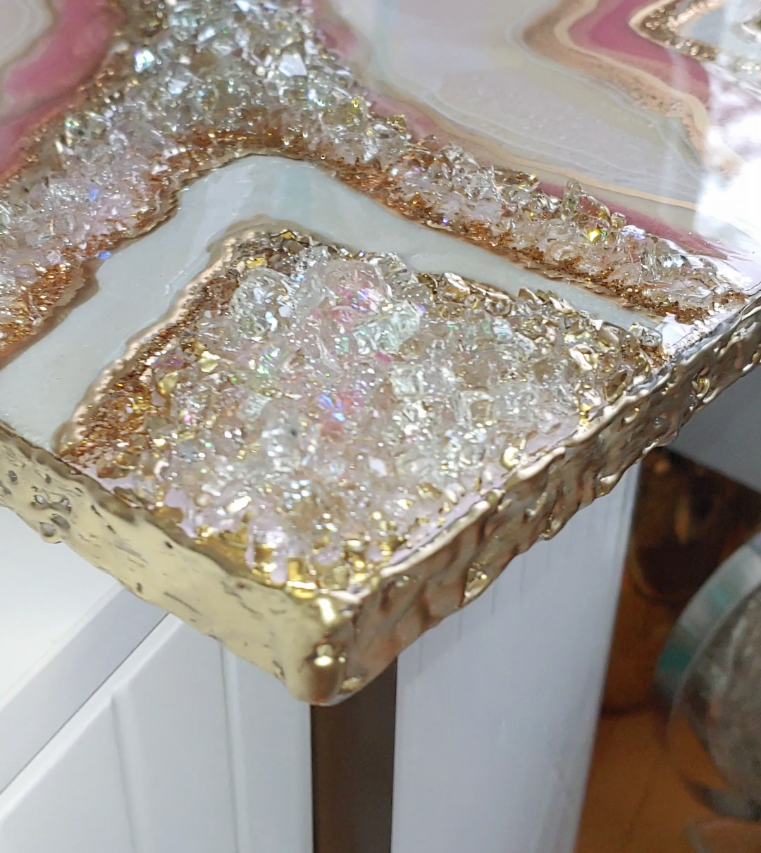 Gold peony geode artwork with glass with live edge