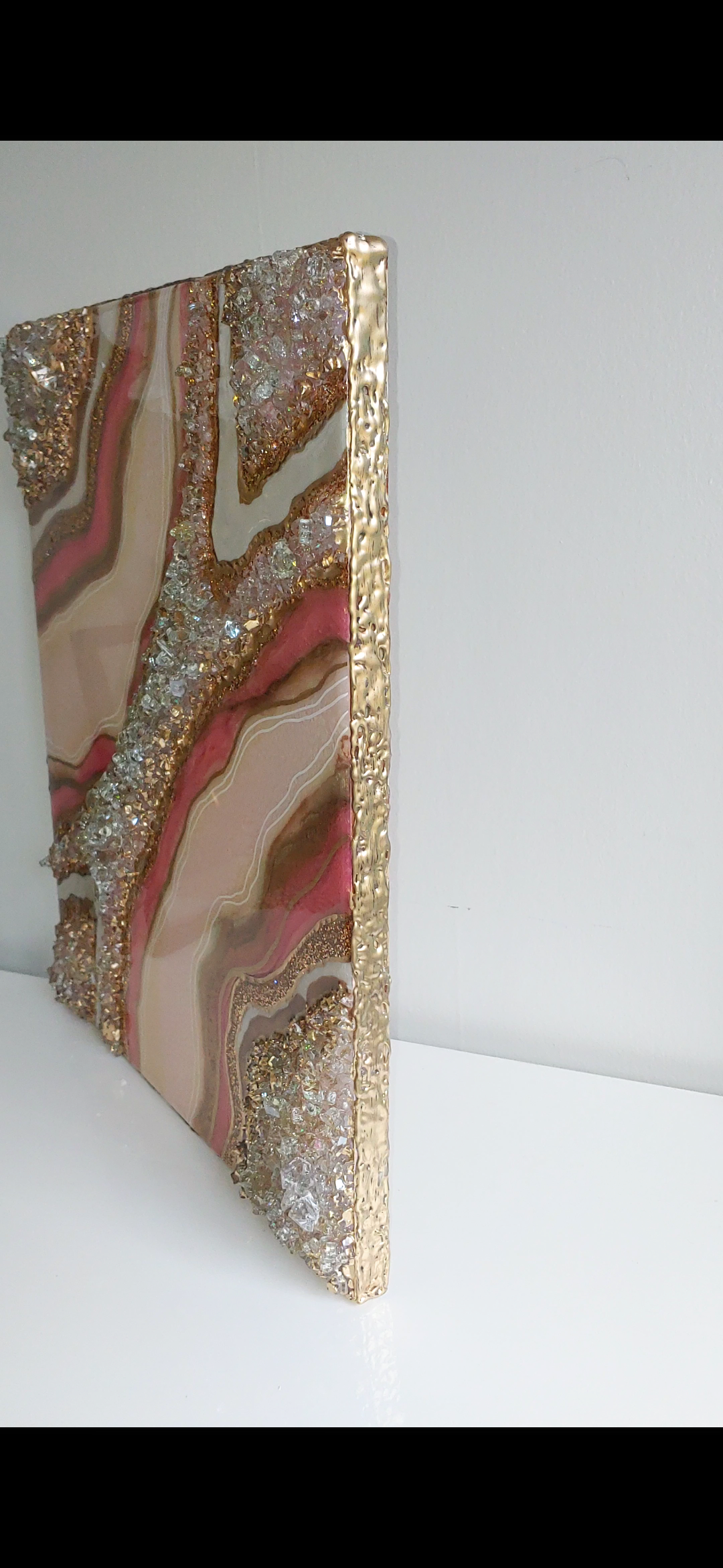 Gold peony geode artwork with glass with live edge