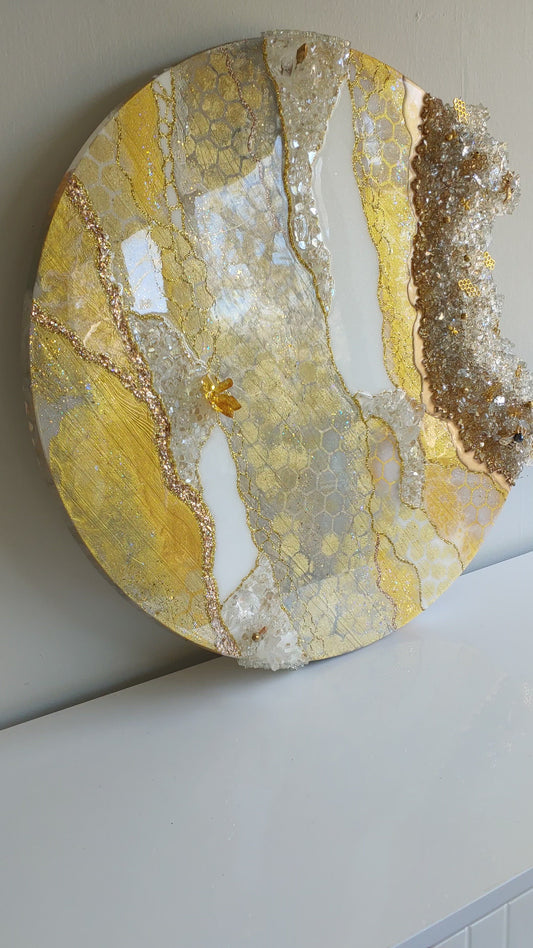 Stunning glass beehive art on wood with glass, resin and bees! 24 inch round