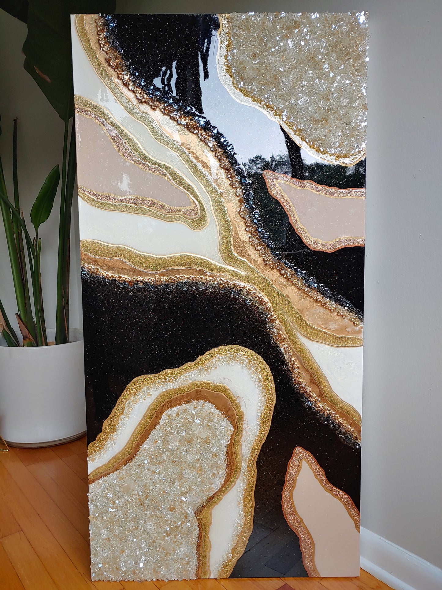 Time Passing-Black, cream and gold geode artwork-24x48