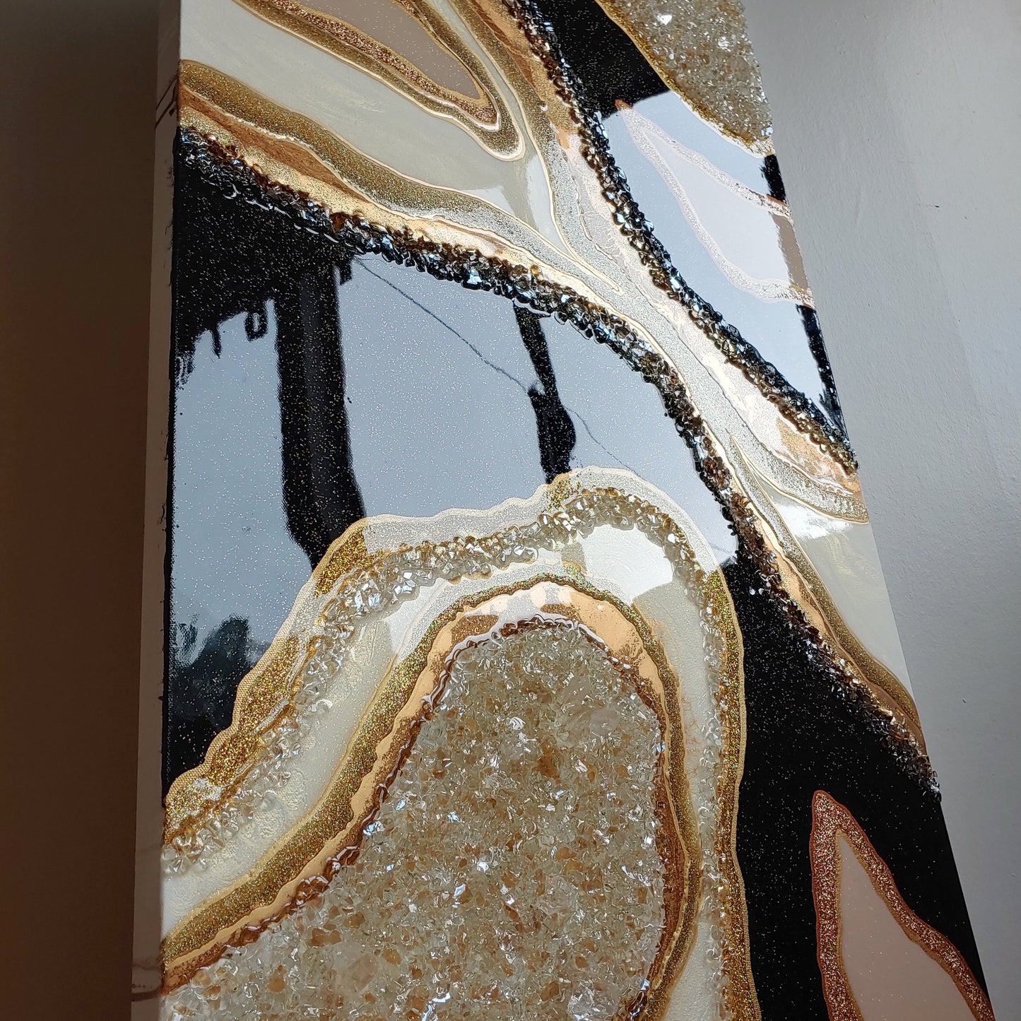 Time Passing-Black, cream and gold geode artwork-24x48