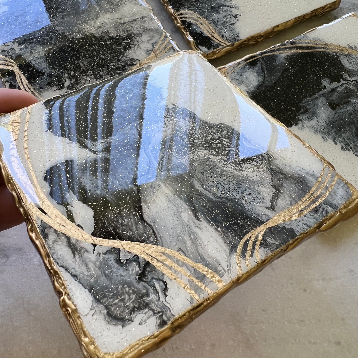 4 pc Black & White coasters with golden edge