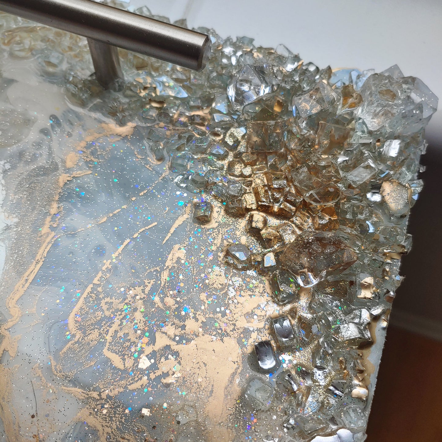 Neutral luxury resin and wood tray with cream, white & grey