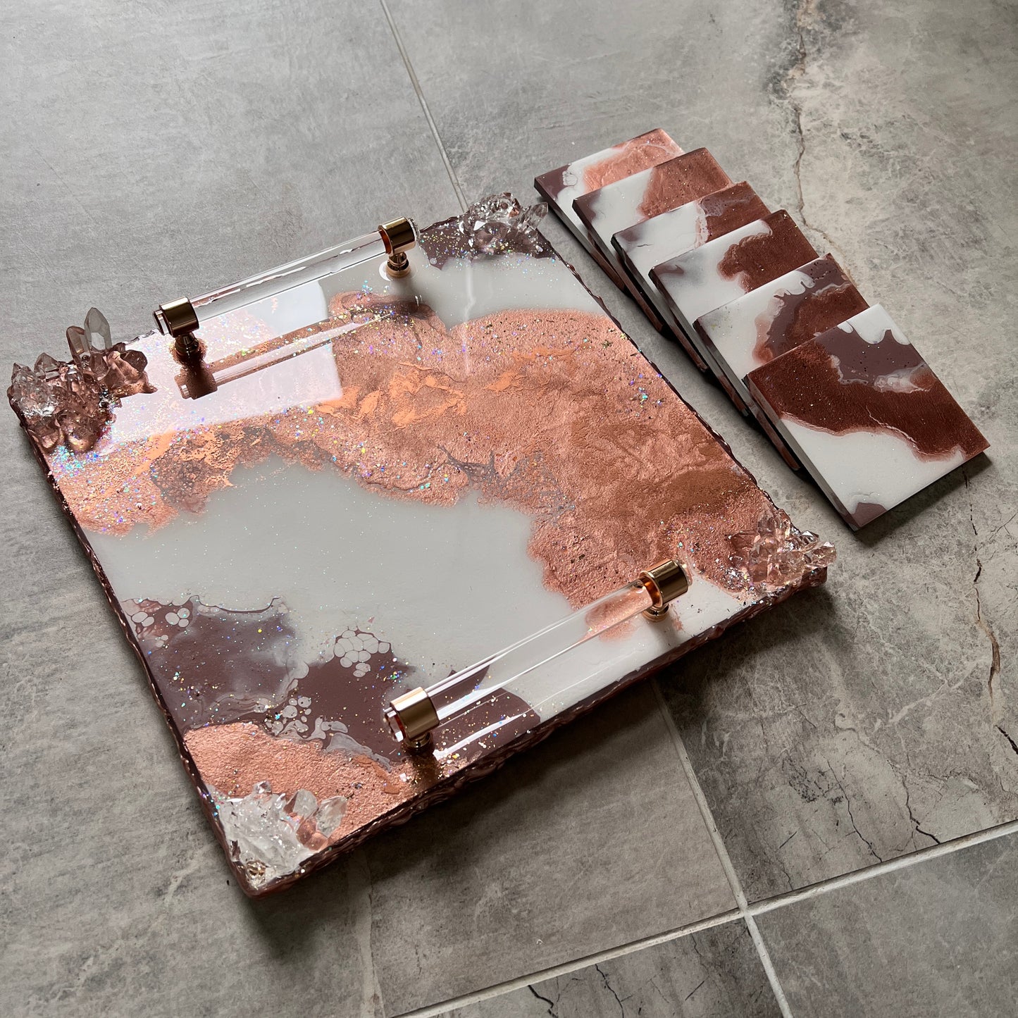 Rose Gold Luxury Tray With 6pc Coaster Set