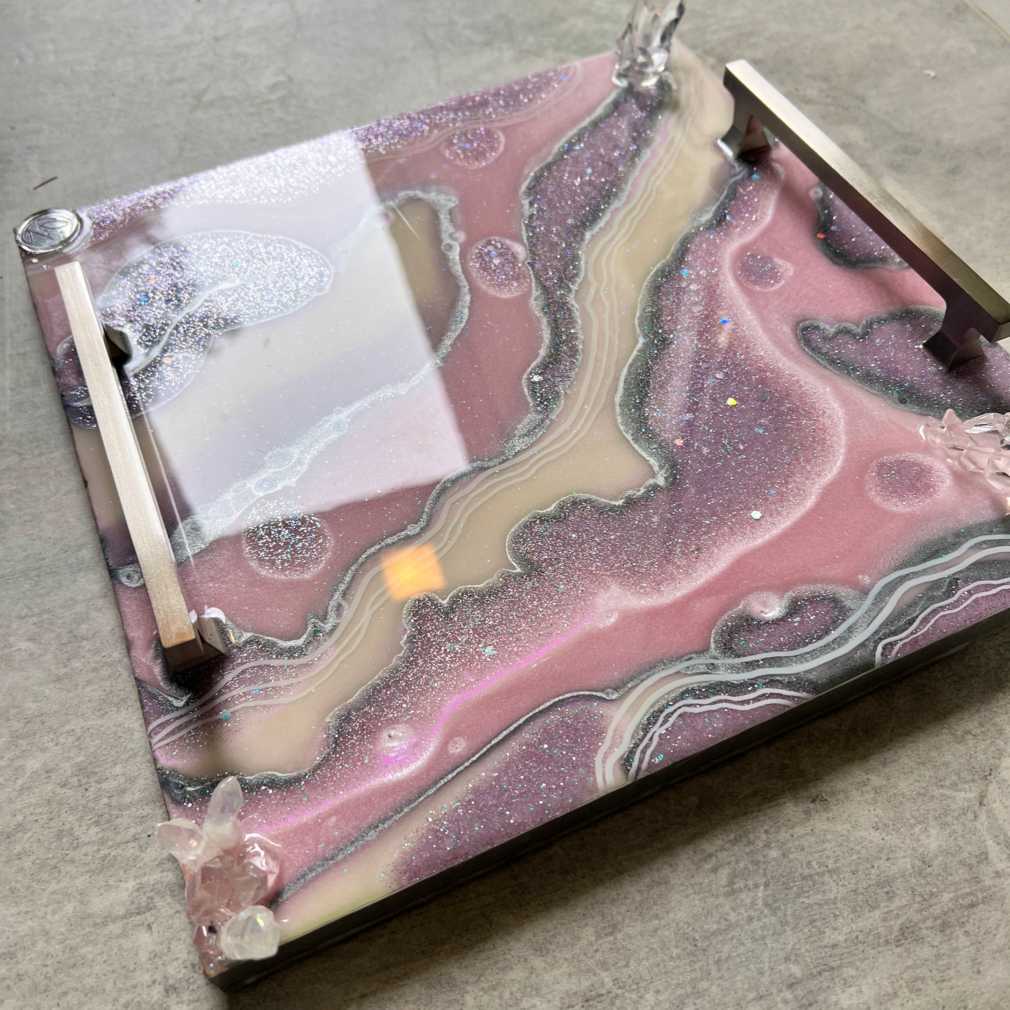 Creamy Pink & Silver Luxury Resin Tray with Handles
