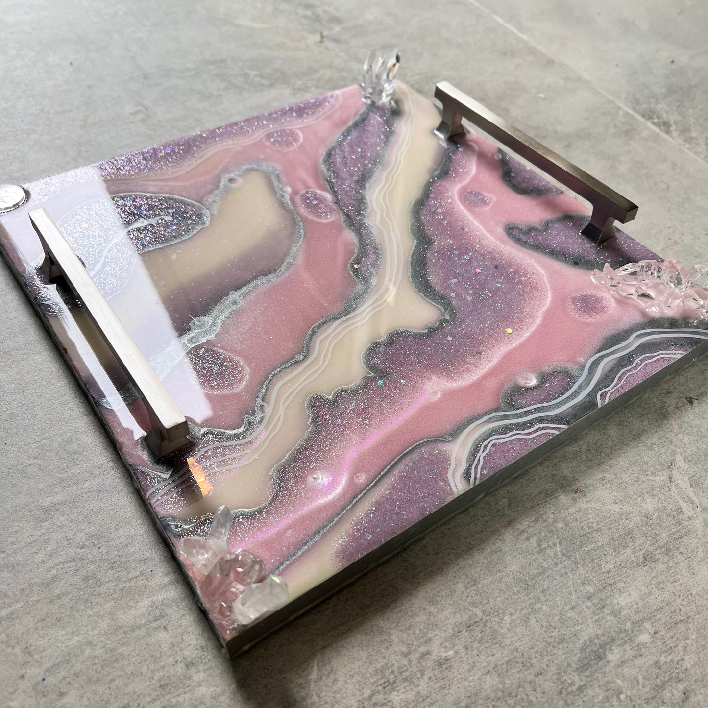 Creamy Pink & Silver Luxury Resin Tray with Handles