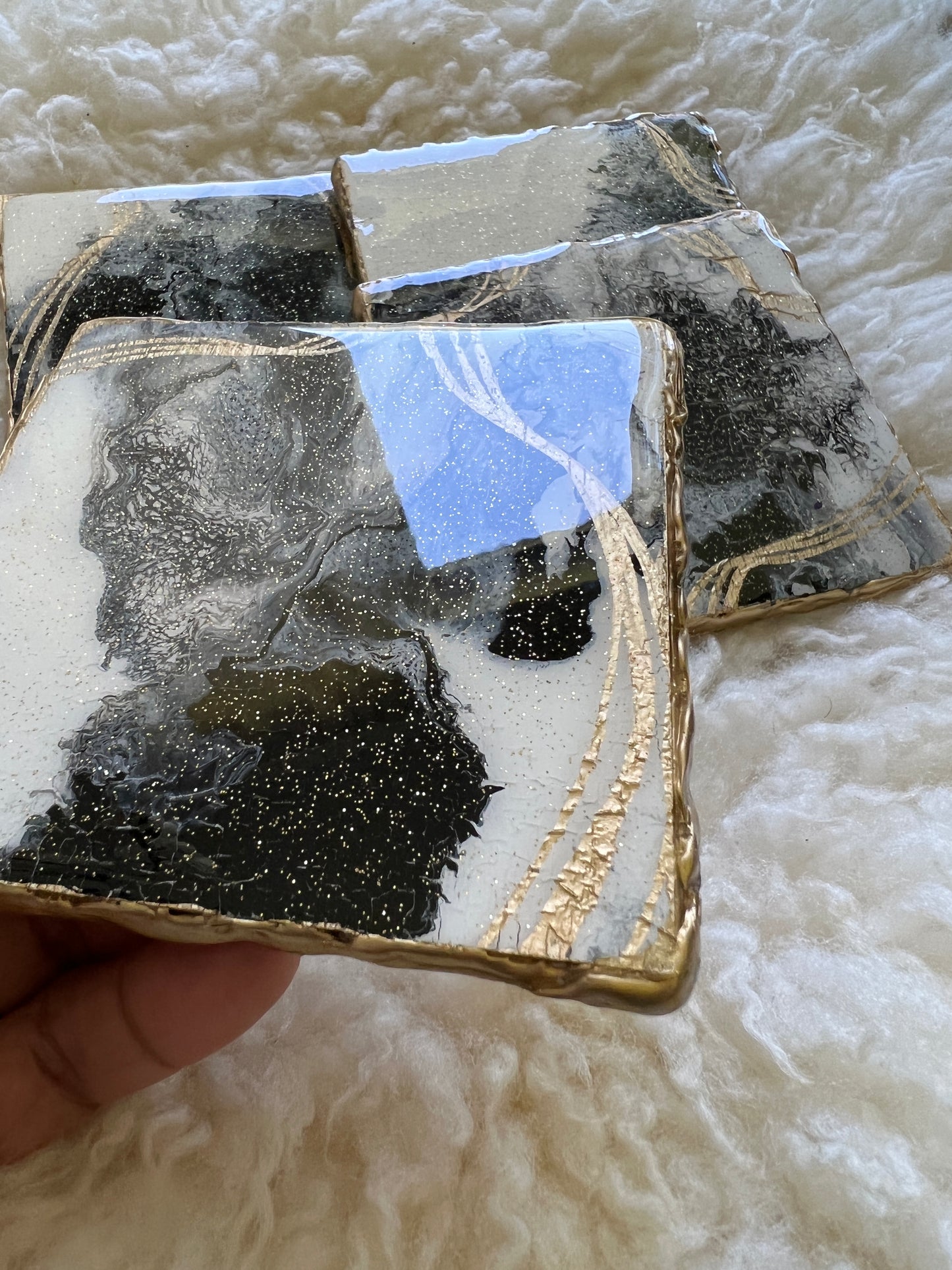 4 pc Black & White coasters with golden edge