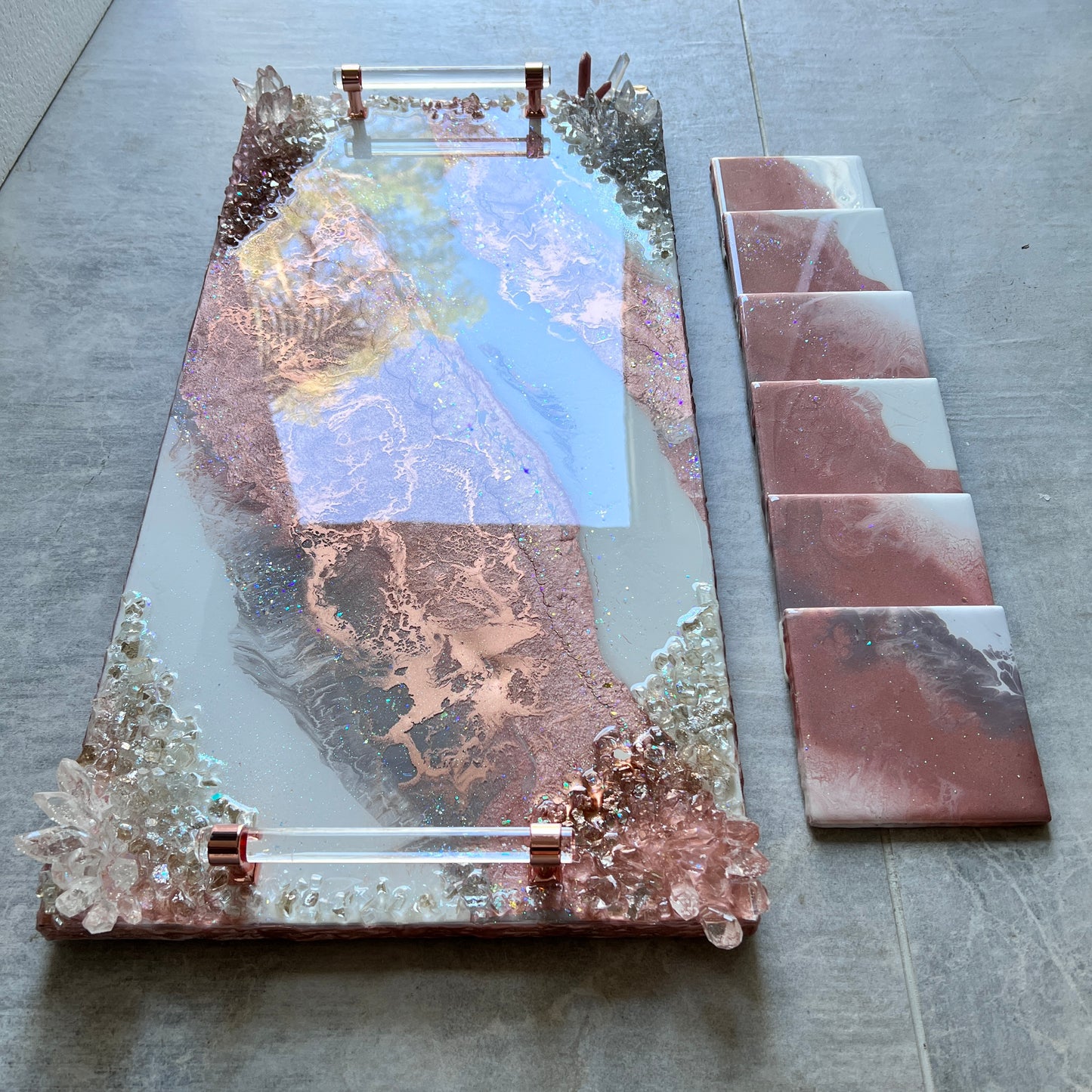Rose Gold luxury resin tray with live edge, lucite handles & Coasters