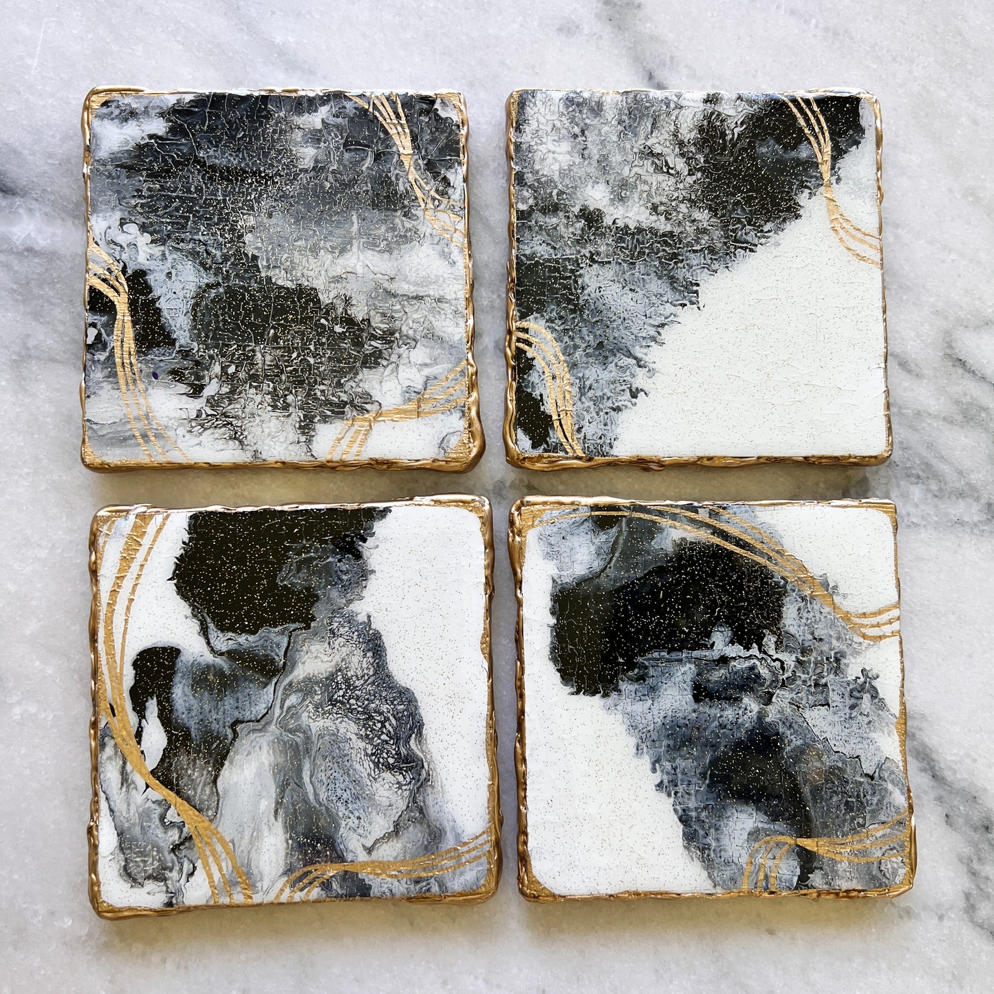 4 pc Black & White coasters with golden edge