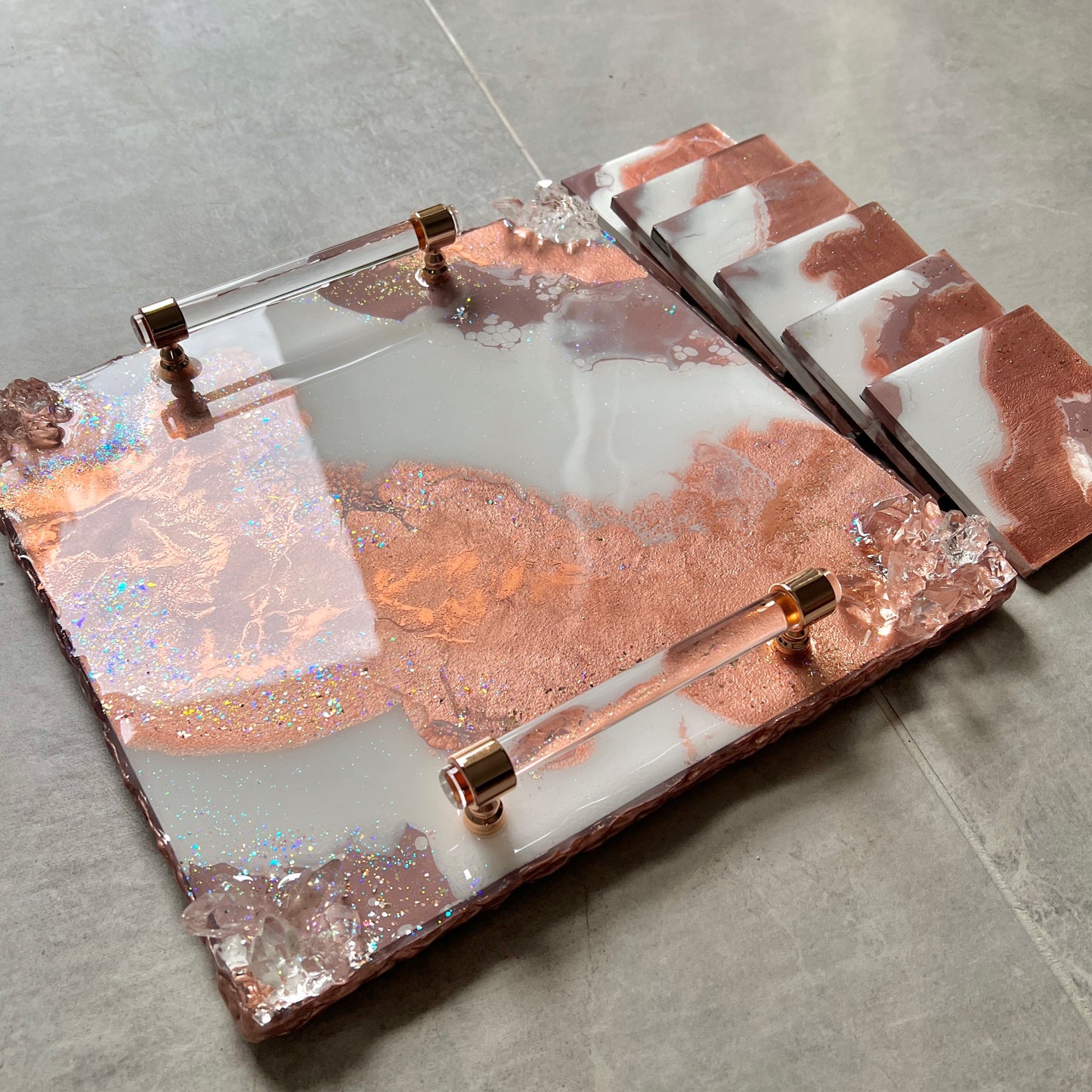 Rose Gold Luxury Tray With 6pc Coaster Set