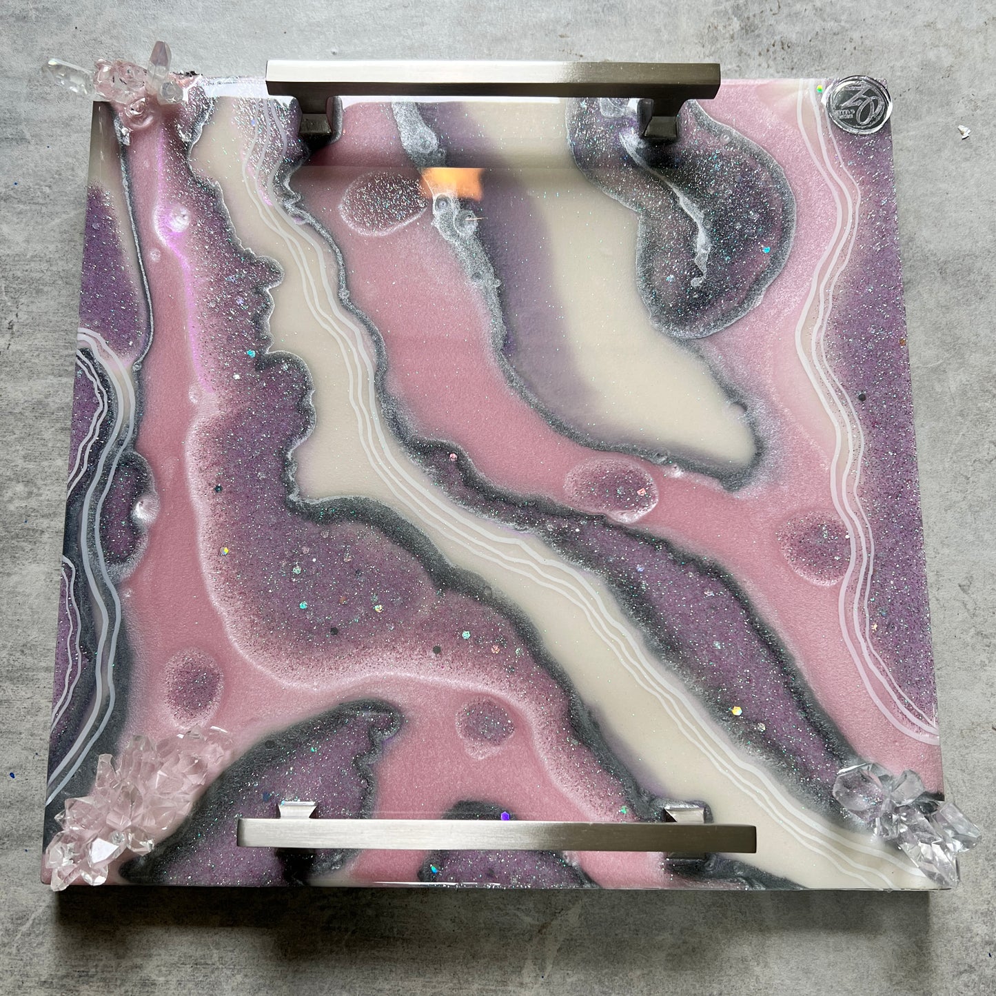 Creamy Pink & Silver Luxury Resin Tray with Handles