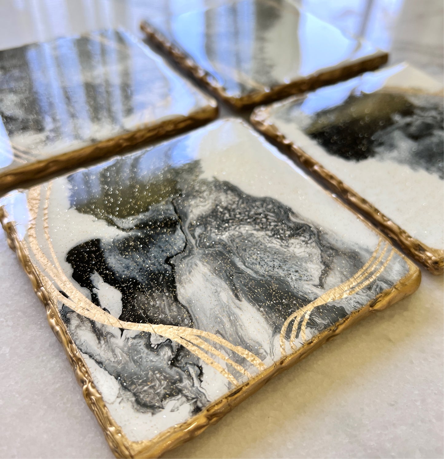 4 pc Black & White coasters with golden edge