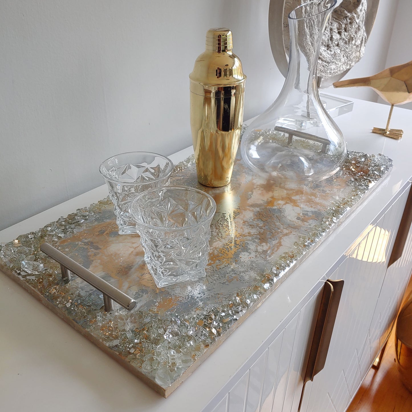 Neutral luxury resin and wood tray with cream, white & grey
