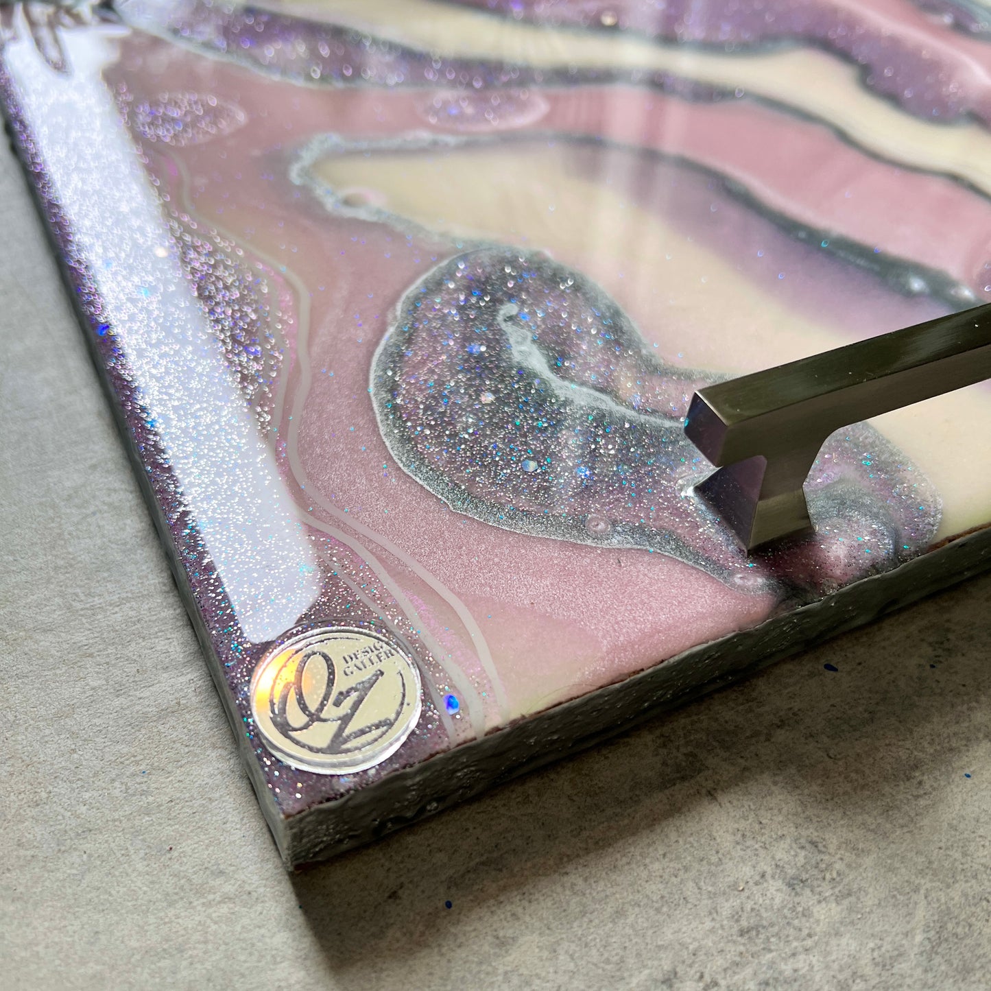 Creamy Pink & Silver Luxury Resin Tray with Handles