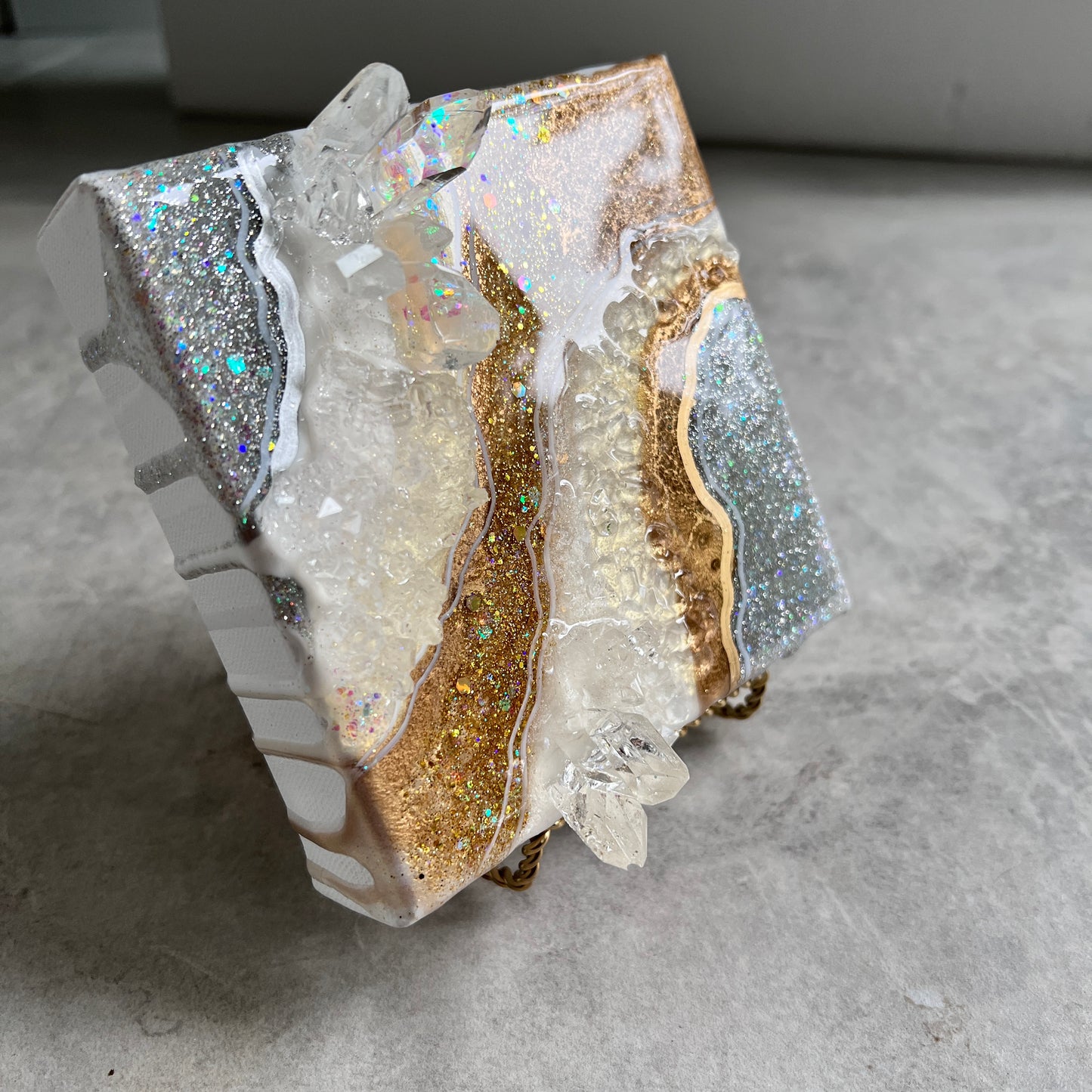 Silver & Gold Mini Geode Artwork with Stand