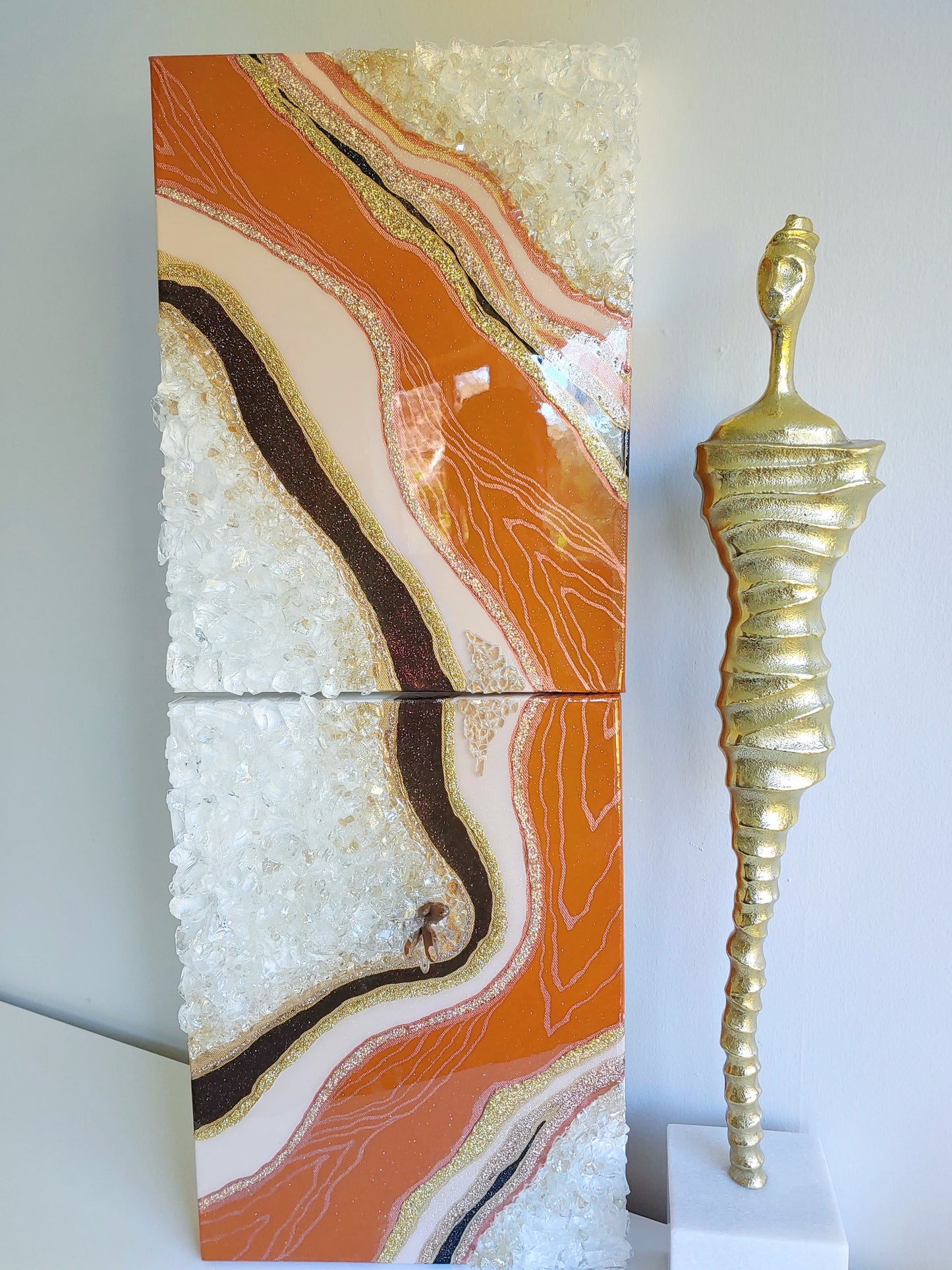 Caramel brown geode resin and glass diptych