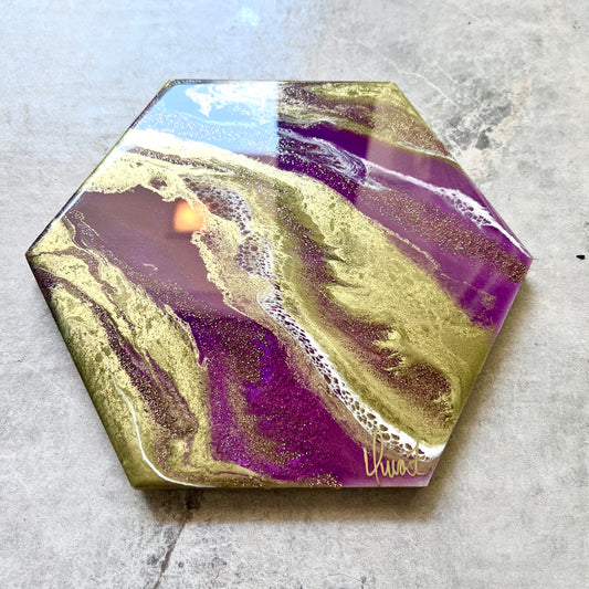 Purple & Gold hexagon tray with 4pc coaster set