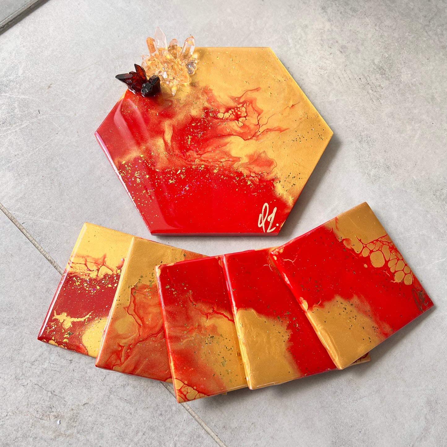 Holiday Red hexagon tray with 5 pc coaster set