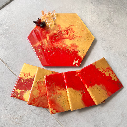 Holiday Red hexagon tray with 5 pc coaster set