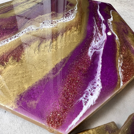 Purple & Gold hexagon tray with 4pc coaster set