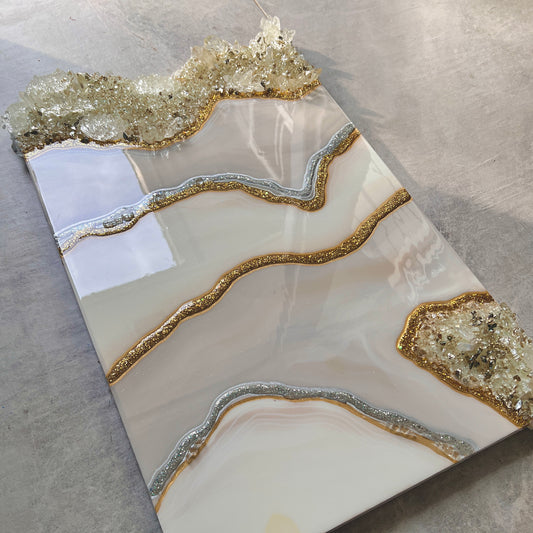 Neutral luxury Artwork on wood in white & cream with sparkle