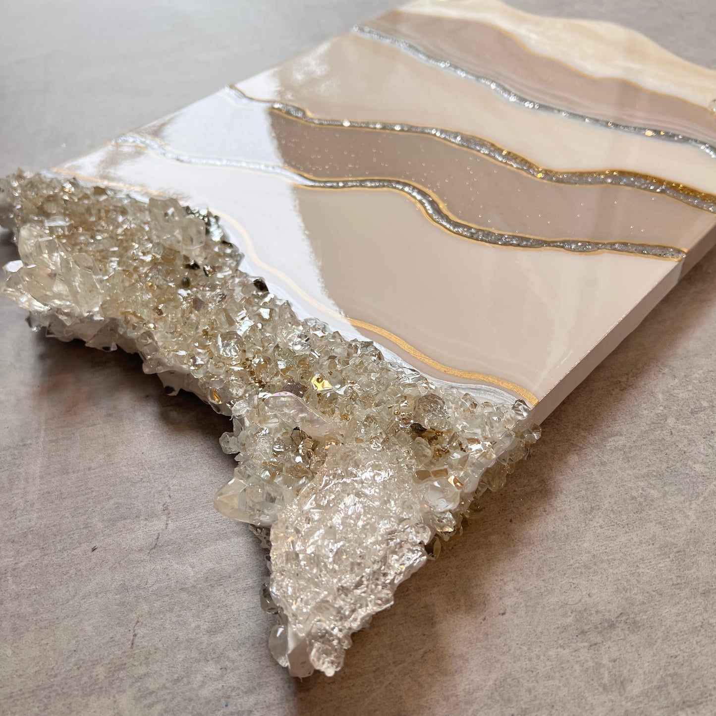 Luxurious live glass edge artwork in cream & taupe 12x17