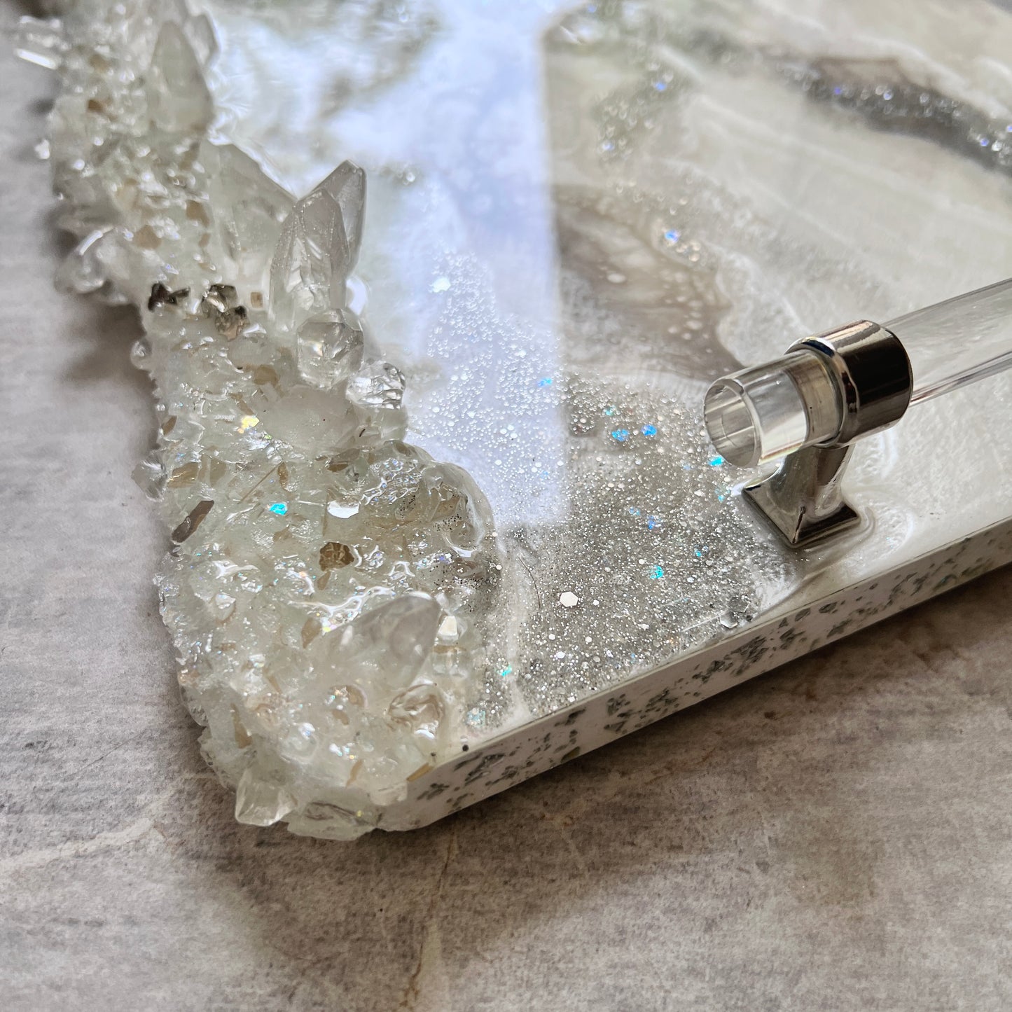 White & Silver Live Edge Luxury Resin Tray with Lucite Handles