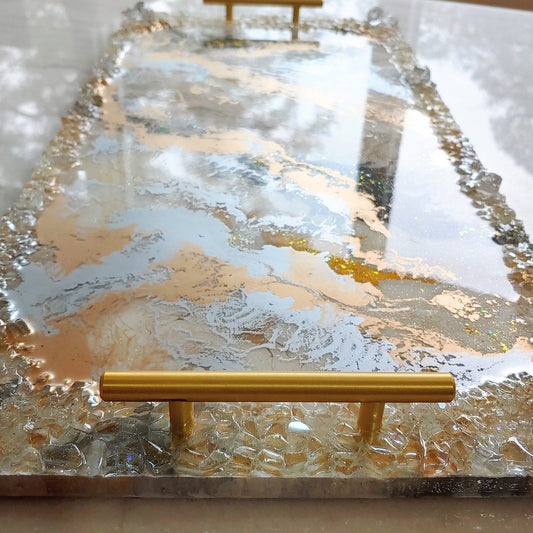 Neutral luxury resin and wood tray with cream, white & grey