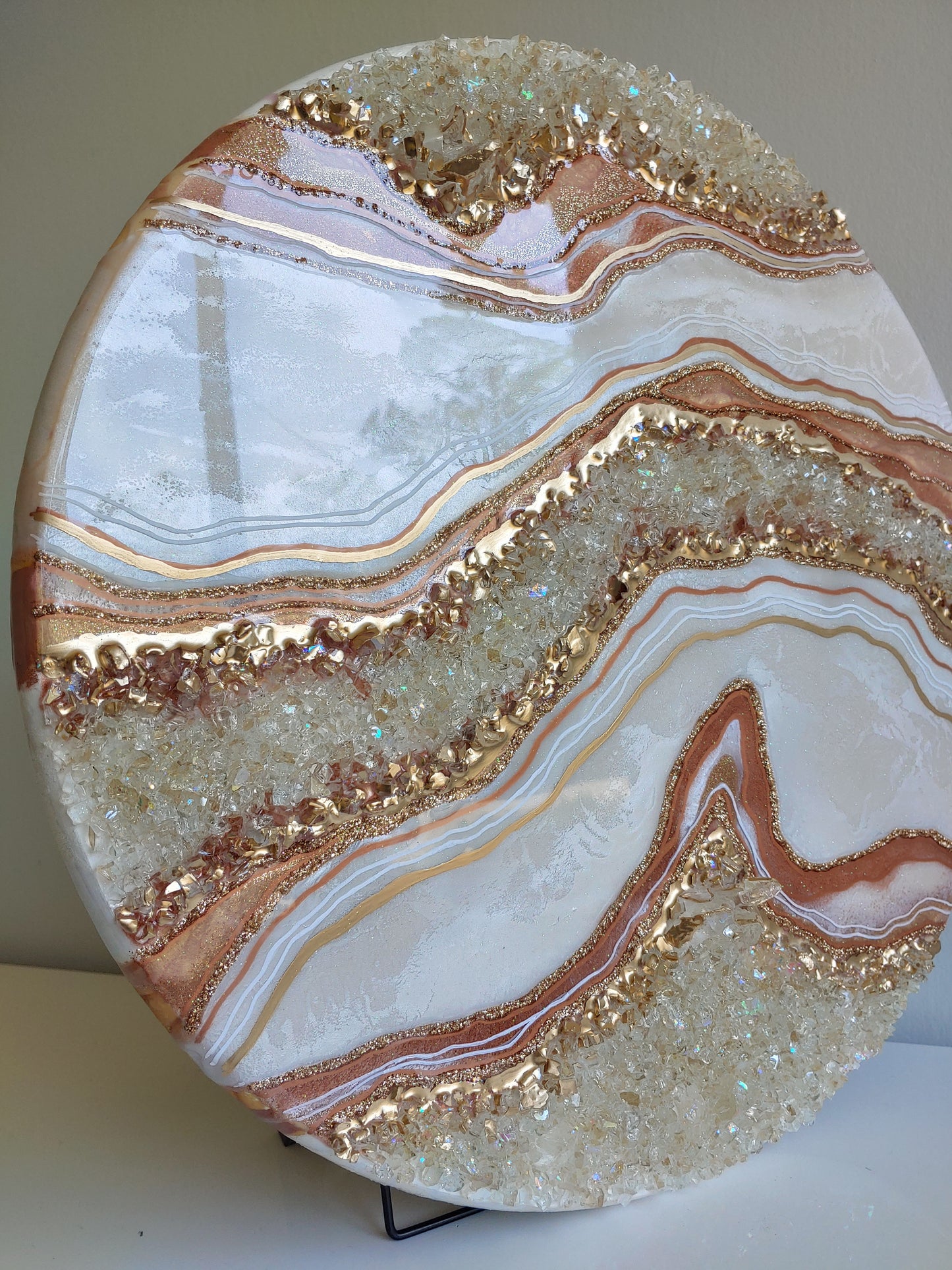 Rose Gold Geode artwork with glass on wood