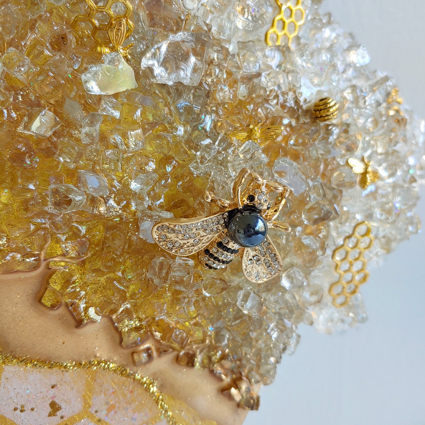 Stunning glass beehive art on wood with glass, resin and bees! 24 inch round