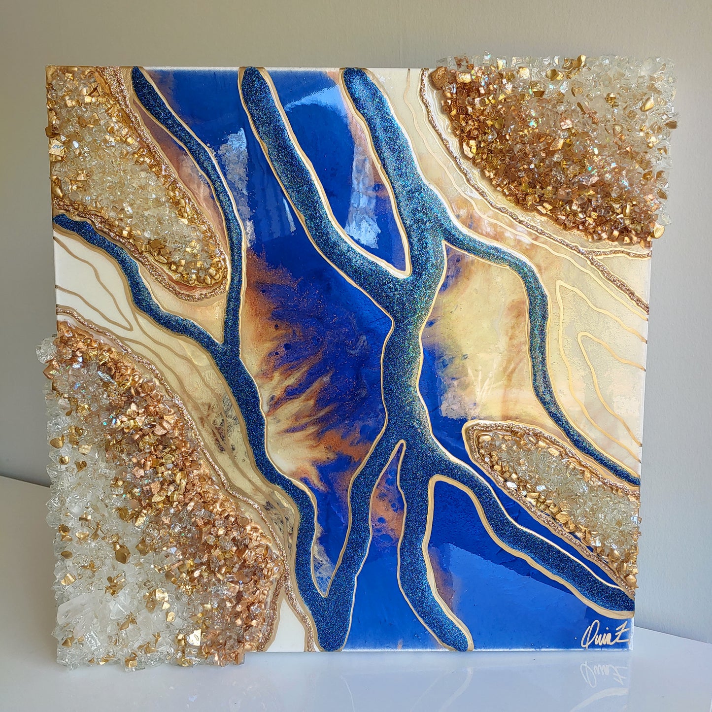 Bleu Dutchess-Resin geode with glass and quartz crystals 18x18