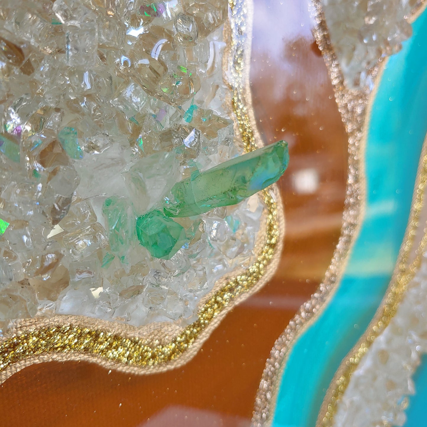 Turquoise and caramel geode artwork with glass and crystals