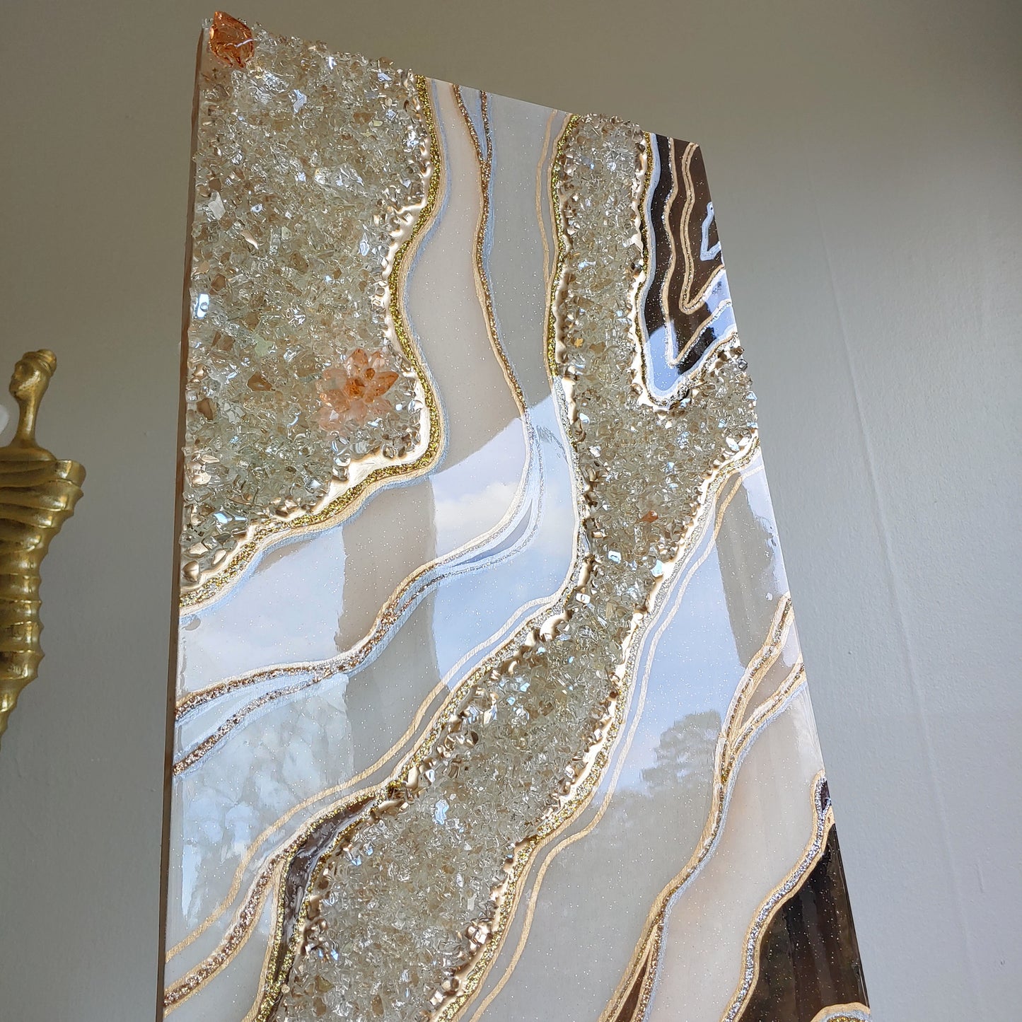 Cream, taupe & grey resin, glass and crystal wall art panel