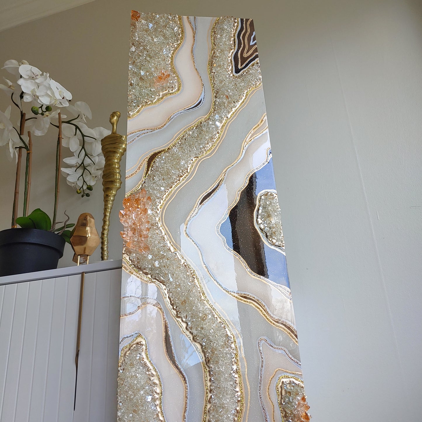 Cream, taupe & grey resin, glass and crystal wall art panel
