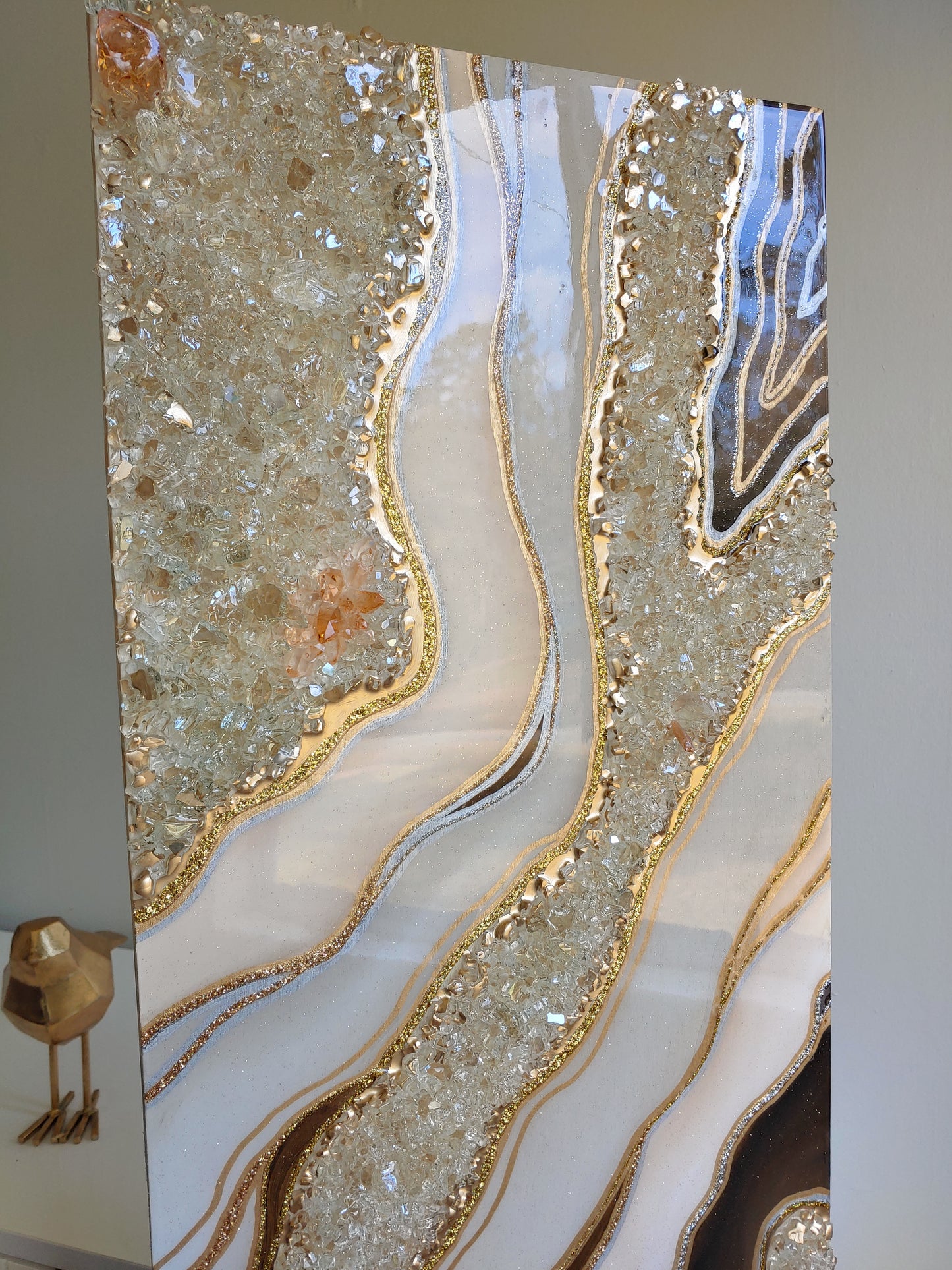 Cream, taupe & grey resin, glass and crystal wall art panel