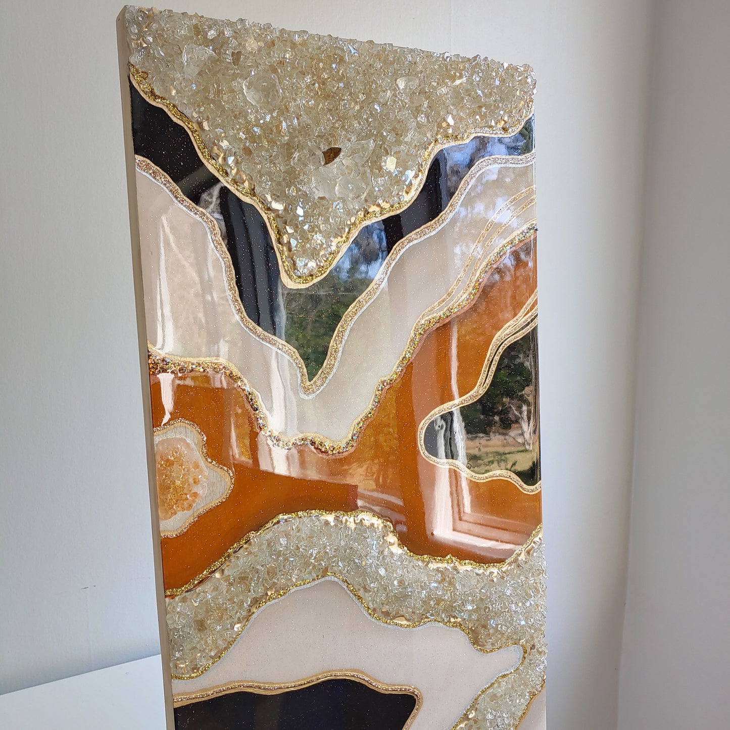 SALE! Caramel & Espresso Resin, Glass and crystal wall art panel