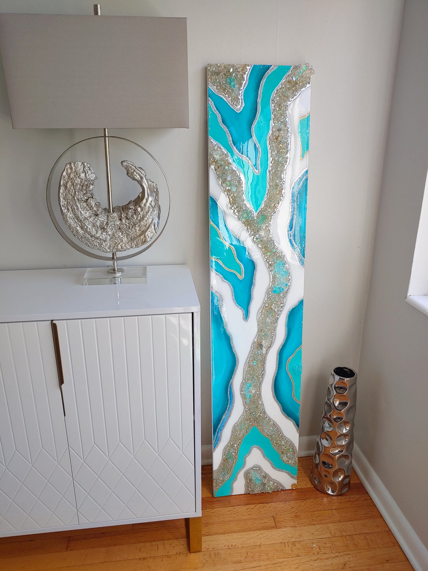Turquoise Resin, Glass and crystal wall art panel