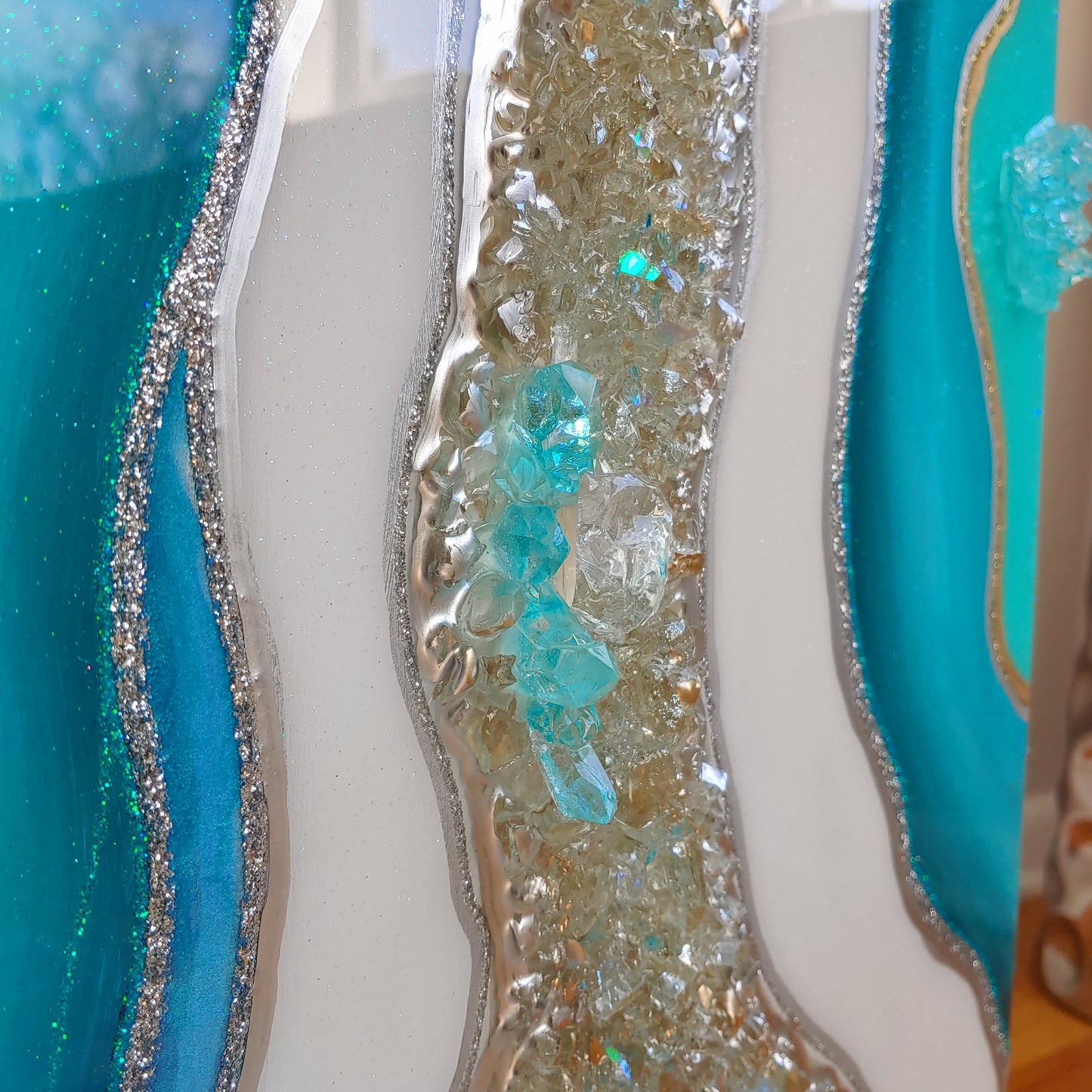 Turquoise Resin, Glass and crystal wall art panel