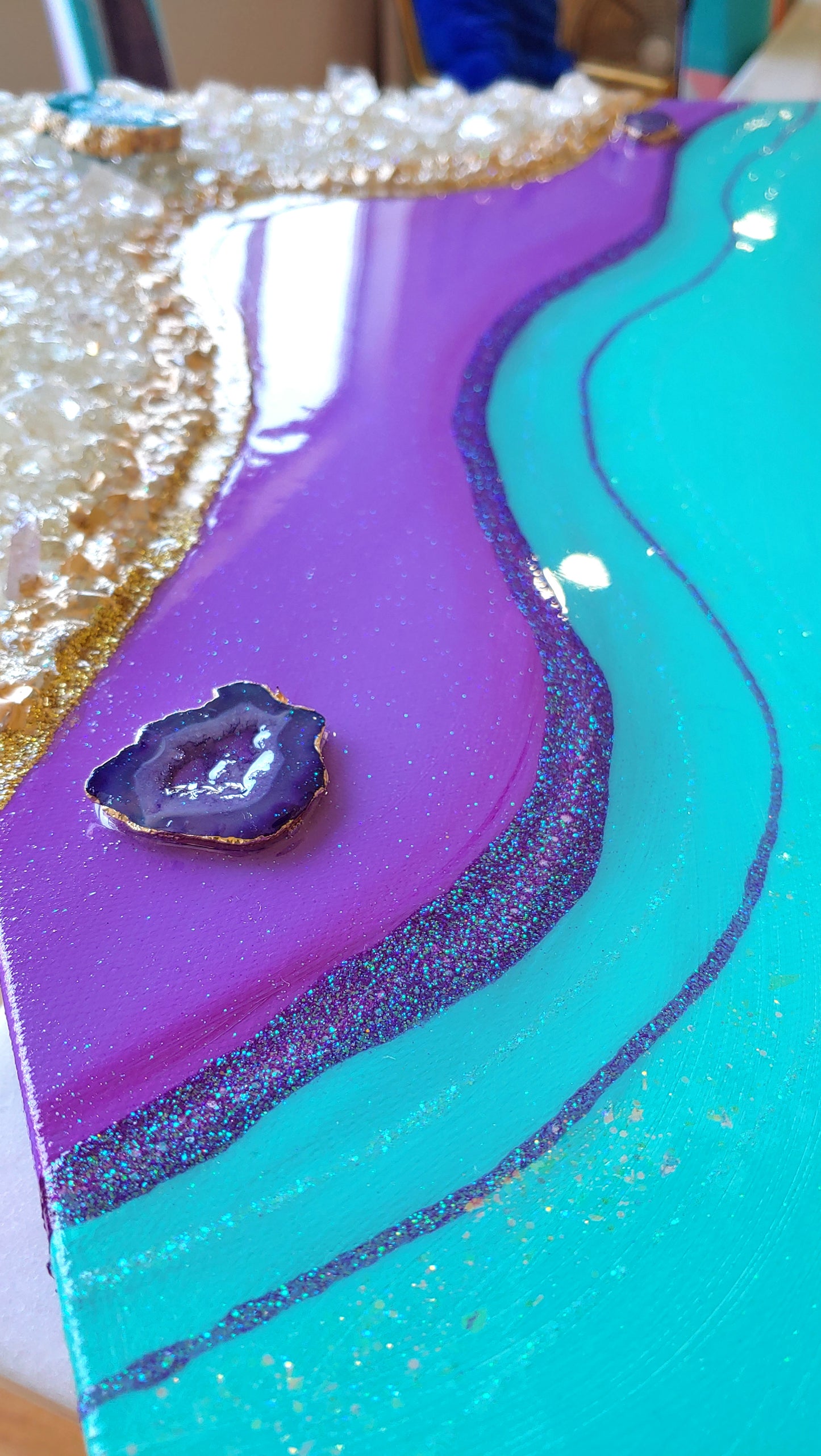 Retro resin original artwork in purple, turquoise & yellow
