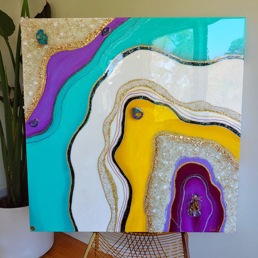 Retro resin original artwork in purple, turquoise & yellow
